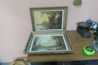 Set @ 2 Old Vintage French E.  B.  Paris Oil On Canvas Painting 9.  5 " X 13 " Framed