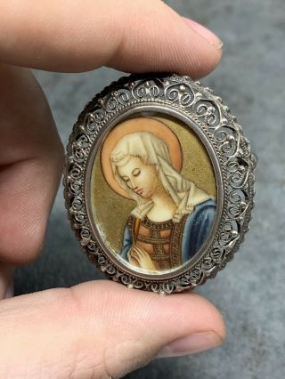 Antique European 800 Silver Filigree Virgin Mary Portrait Brooch Pendant 1.  75”