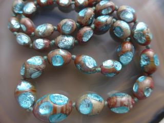 Vintage Art Deco Czech Blue Foil Glass Bead Necklace - Lava Red Glass Beads