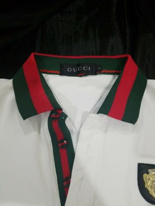 L Vtg RARE Gucci Polo Shirt Red Green Collar Buttons White Pique Italy Slim fi 3