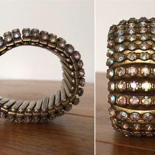 Vintage 1950s Expanding Bracelet Gold Cuff W Aurora Crystals Signed Hong Kong
