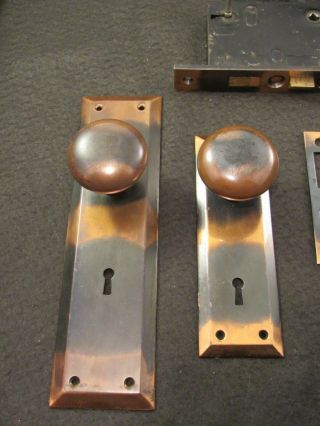 Antique c.  1910 CORBIN Japanned Brass Front Door Lockset with Key 2