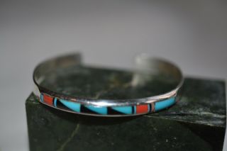 Vintage Zuni Native Sterling Silver Inlay Multi Gemstone Mosaic Cuff Bracelet