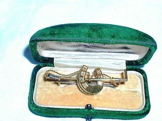 Antique Victorian 18ct Gold Diamond Riding Crop Horse Shoe Brooch Pin Fitted Box