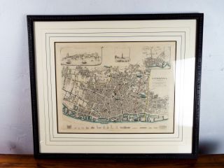 Antique Victorian Framed Hand Colored Map Of Liverpool T Starling 1845