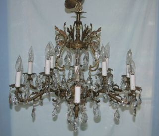 Vintage 12 Light Spain Brass & Crystal Prisms Chandelier 2