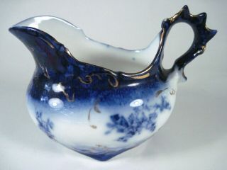 Vintage Wheeling Pottery Flow Blue Floral Handled Creamer Or 3 " Small Pitcher