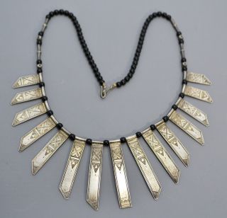Vintage Solid Silver & Onyx North African Tuareg Engraved Fringe Necklace