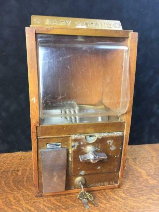 Vintage Baby Grand 5¢ Gumball Candy Machine Oak & Metal W/ 2 Keys Victor Vending