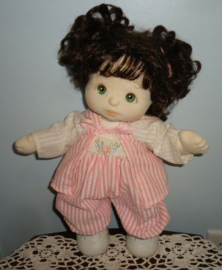 Vintage Mattel 1985 My Child Doll Girl Brunette Green Eyes Striped Seersucker A,