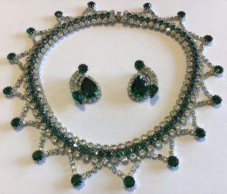 Vintage Kramer Signed Green And Clear Rhinestone Dangling Necklace & Earrings