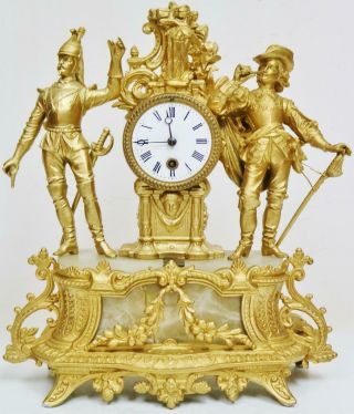 Antique 19thc French 8 Day Gilt Metal & Alabaster Soldier Figurines Mantel Clock