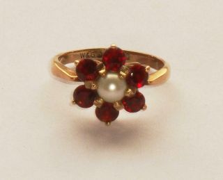 Rare Unusual Antique Vintage Bohemian Red Garnet & Pearl Gold Ring.
