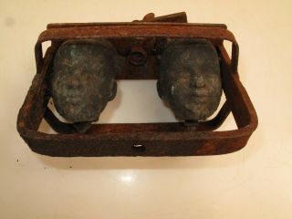 Antique Cast Iron Boys Doll Head Form Mold In Cage Weird & Wacky Black Americana