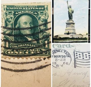 Vintage 1906 Ny Statue Of Liberty Postcard Benjamin Franklin Stamp A115 One Cent