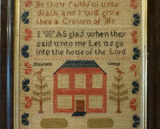 MID 19TH CENTURY RED HOUSE & QUOTATION SAMPLER BY ELIZABETH GEORGE - c.  1860 10