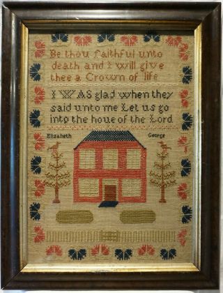 Mid 19th Century Red House & Quotation Sampler By Elizabeth George - C.  1860