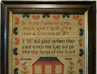MID 19TH CENTURY RED HOUSE & QUOTATION SAMPLER BY ELIZABETH GEORGE - c.  1860 2