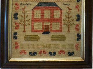MID 19TH CENTURY RED HOUSE & QUOTATION SAMPLER BY ELIZABETH GEORGE - c.  1860 3