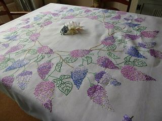 Vintage Hand Embroidered Tablecloth - Stunning Pink & Lilac Flower Circle -
