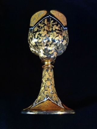 Antique Quadrafoil Moser Blue Glass Gold Gilt Goblet Roemer Enameled 6 " 1 Of 2