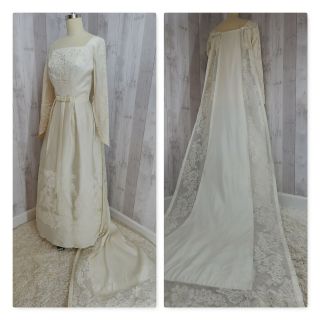 1960s Vintage Satin Wedding Dress/gown White W/lace Pearl Applique 34x26x54 Xs