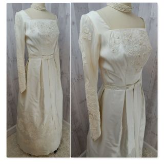 1960s Vintage Satin Wedding Dress/Gown White w/Lace Pearl Applique 34x26x54 XS 3