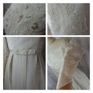 1960s Vintage Satin Wedding Dress/Gown White w/Lace Pearl Applique 34x26x54 XS 6