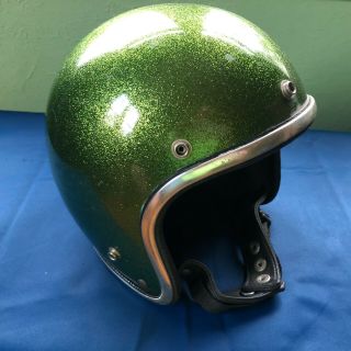 Vintage Arthur Fulmer Af 20 Motorcycle Green Metal Flake Helmet Open Face