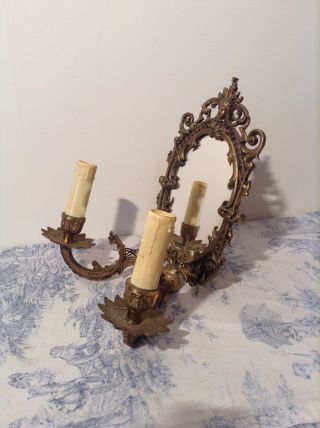 Vintage French Bronze Double Wall Sconce Light & Mirror (3941)
