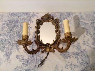 Vintage French Bronze Double Wall Sconce Light & Mirror (3941) 2
