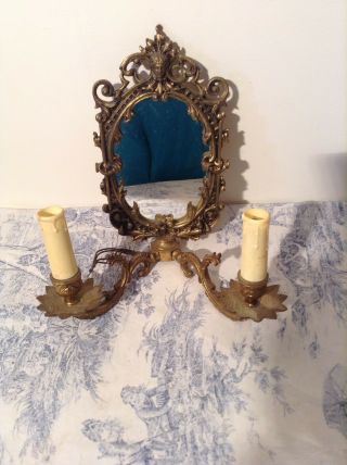 Vintage French Bronze Double Wall Sconce Light & Mirror (3941) 5