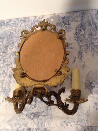 Vintage French Bronze Double Wall Sconce Light & Mirror (3941) 6