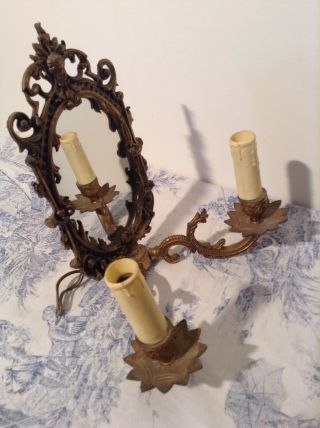 Vintage French Bronze Double Wall Sconce Light & Mirror (3941) 7