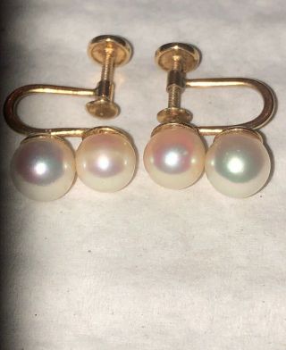 Vintage 14k Gold Double Cultured Pearl Screw Back Earrings Wow