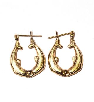 14k Yellow Gold Ladies Dolphin Hoop Earrings 2.  2g Estate Womens Vintage