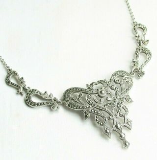 Vintage Solid Silver Large Art Deco Necklace With Marcasite Gemstones