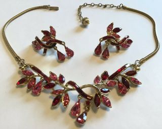 Vintage Coro Signed Pink And Red Dangling Rhinestone Necklace & Earrings