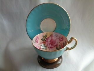Vintage Aynsley Bone China Cup & Saucer Turquoise - Pink Flowers