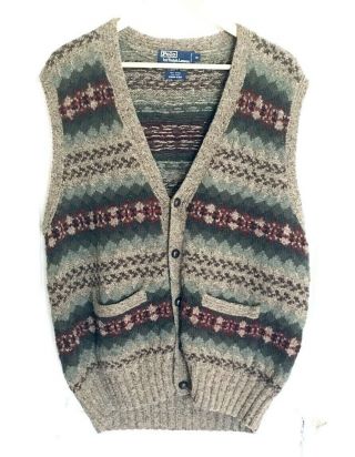 Vintage Polo Ralph Lauren Mens Xl Sweater Vest Wool Silk Hand Knit Fair Isle
