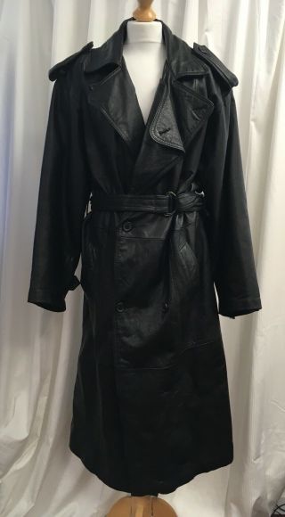 Vintage Mens Medium Black Leather Trench Coat Military Gothic