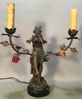 Antique Art Nouveau Rigual Bronzed Lady & Lute Statue Old Piano Music Room Lamp