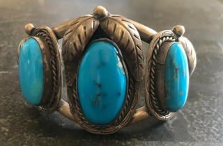 " Signed " Heavy (2.  2 Oz) Vintage Navajo Bisbee Turquoise & Sterling Row Bracelet