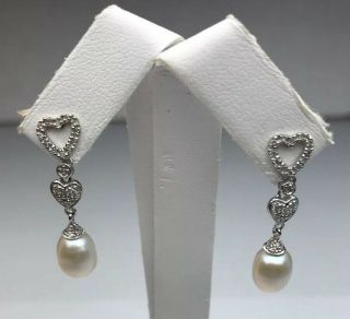 Ladies Real 14k White Gold Diamond & Pearl Earring 2.  9 Grams.  24 Ct Vintage