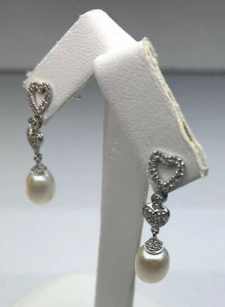 Ladies Real 14K White Gold Diamond & Pearl Earring 2.  9 Grams.  24 CT Vintage 2