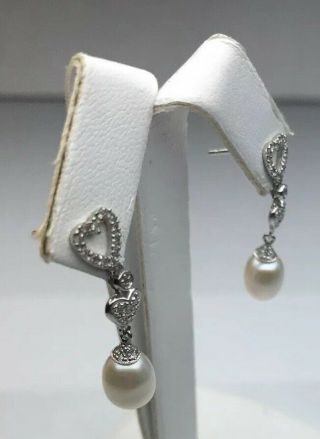 Ladies Real 14K White Gold Diamond & Pearl Earring 2.  9 Grams.  24 CT Vintage 3