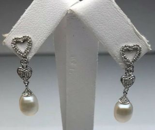 Ladies Real 14K White Gold Diamond & Pearl Earring 2.  9 Grams.  24 CT Vintage 6
