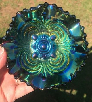 Vintage Blue Carnival Glass Bowl Berry Cool Pattern Circles Plumes