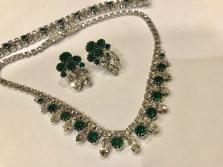 Vintage Retro Green Clear Rhinestone Parure Bracelet Necklace Clip Earrings