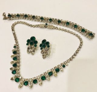 VINTAGE RETRO GREEN Clear RHINESTONE Parure BRACELET Necklace Clip Earrings 2